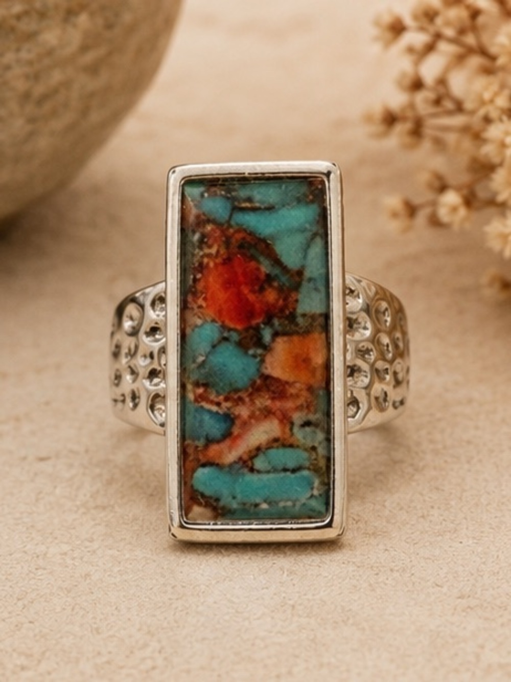 Southwestern Mosaic Stone Statement Ring Silver Size 8